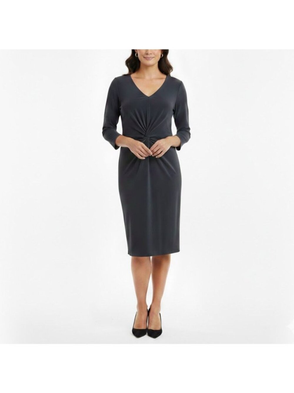 Lark & Ro Size 14 NEW Gray 3/4 Sleeve V-Neck Gathered Twist Front Sheath Dress